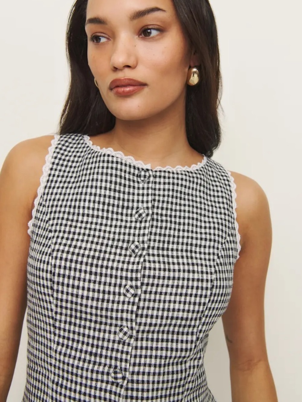 Reformation Amela Linen Gingham Button Lace Trim Sleeveless Top Remy Check Black - Picture 5 of 10